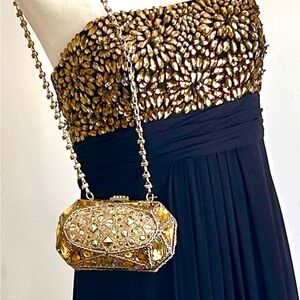 Theia Formal Black Silk Gold Bejeweled Long Formal Ball Gown Mardi Gras EUC GenZ